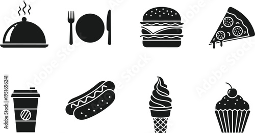 Restaurant and Fast Food Icon Set, Black Flat Vector Graphics for Food Delivery Apps, Menu Design, Cafe Branding, Bistro Signage, and Online Ordering System Interface