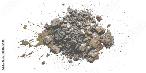 Realistic mud splash and pile of wet soil with scattered dirt particles isolated on white background vector illustration graphic design