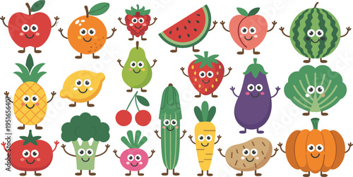 Large kawaii fruit and vegetable character vector set with apple broccoli carrot pumpkin 