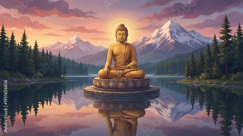 Golden Mahavir Jayanti meditating in profound serenity amidst majestic mountain peaks and a reflective tranquil lake, embodying enlightenment and the harmony of 