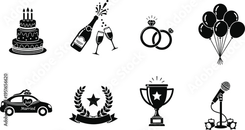 Celebration and Event Planning Icon Set, Black Flat Vector Graphics for Wedding Services, Award Ceremonies, Party Invitations, and Entertainment Industry Marketing Materials
