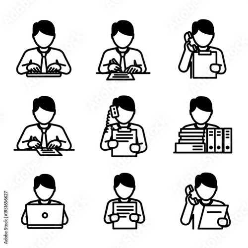 Illustrations of Office Workers Engaged in Various Tasks.