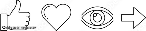 Social media engagement icons set featuring thumbs up heart eye and arrow symbols in both solid black silhouette and thin line styles