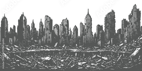 Post-apocalyptic ruined city skyline with destroyed skyscrapers and debris in a gritty hand-drawn monochrome vector illustration style