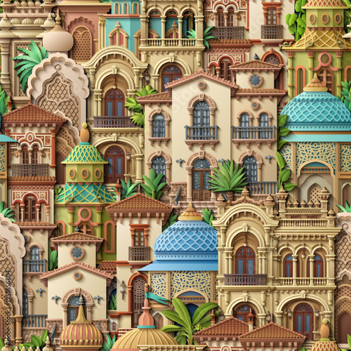 Seamless pattern of intricate papercut architecture featuring oriental domes, villas, and tropical palms. Elegant layered vector art with a 3D effect