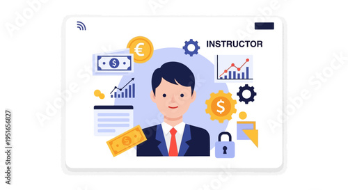 Financial Instructor or Business Mentor Flat Vector Illustration with Graphs, Money, and Security Icons