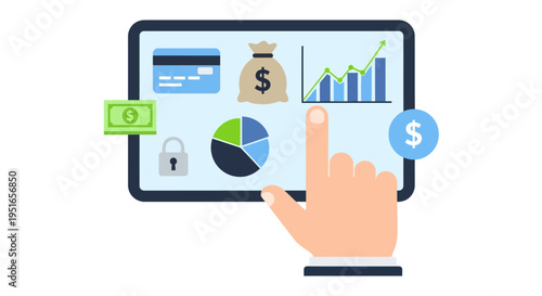 Fintech Digital Finance App Interface: Secure Mobile Banking, Investment Tracking, and Financial Data Analysis on a Tablet with User Touch.