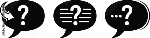 Speech bubble icons with question marks, arrows, and dots for FAQ, help center, support, communication, information, curiosity, and customer service concept vector