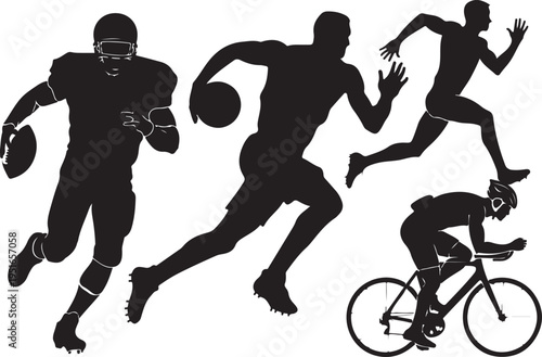 football player, basketball player, soccer player, two runners, and a cyclist. 