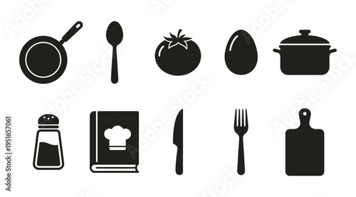 A set of black kitchen icons including cooking utensils and food items, ideal for use in culinary or recipe designs.