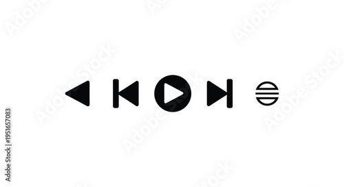 A series of minimalist black media player control icons displayed in a linear arrangement presented as a silhouette high quality professional