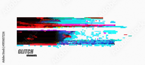 Abstract pixel glitch bars with dark left block, cyan and magenta streaks, plus scattered fragments on checkerboard transparency grid for cyberpunk banners and overlays, vector.