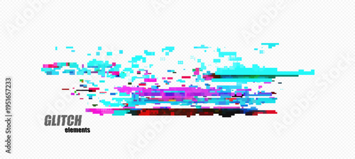 Abstract pixel glitch cloud of cyan blocks and magenta noise with a long right streak, scattered pixels on transparency grid for digital distortion headers and overlays, vector.