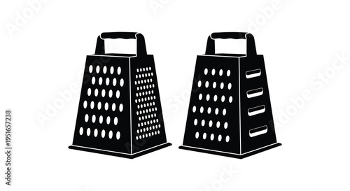 Two black box graters are displayed side by side showcasing different grating surface patterns silhouette high quality professional detailed modern elegant stylish clean