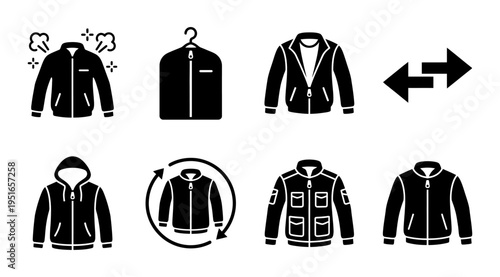 A collection of black jacket icons in various styles and designs, including hooded, zipped, and lined jackets, perfect for use in fashion, clothing, or lifestyle related projects.