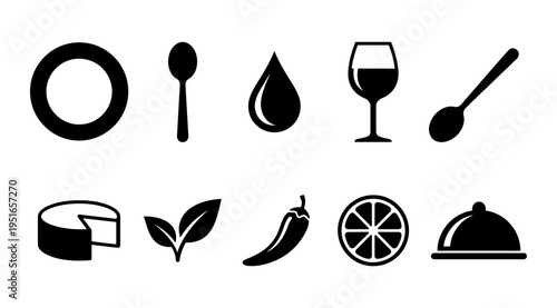 a collection of black food and drink icons on a white background, including plate, spoon, wine glass, cheese, and more. Ideal for use in menus, recipes, or food blogs.