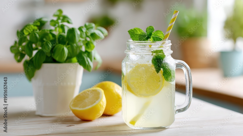 Fototapeta premium Refreshing lemonade in mason jar with mint and lemons on wooden table