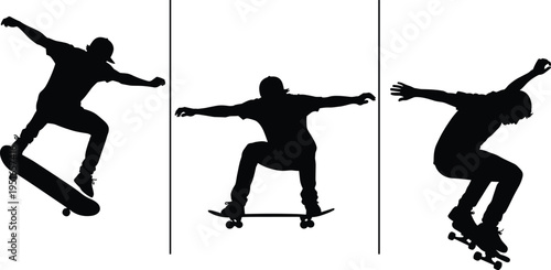 Skateboarder silhouette action set showing skateboarding tricks and jumps isolated black extreme sport athlete figures for urban street culture vector illustration