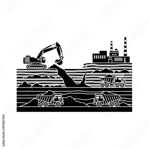 Industrial landscape featuring mining operations and factory silhouette.