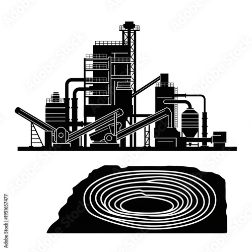 Industrial Mining Complex - A Detailed Silhouette of Extraction and Processing.