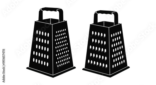 Two black graters stand side by side showcasing a minimalist design and perforated surfaces a striking silhouette high quality professional detailed modern elegant