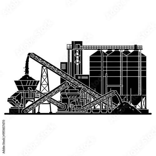 Industrial Plant Silhouette - Conveyors, Silos, and Processing Equipment.