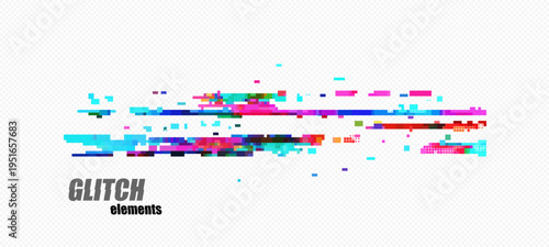 Abstract pixel glitch with separated horizontal bands, long magenta and blue streaks, plus scattered fragments on checkerboard transparency grid for tech overlays, vector.