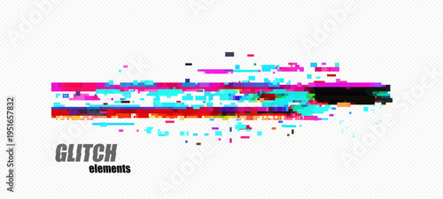 Abstract pixel glitch with thick magenta top bar, red-orange scanline and right dark block, fragmented cyan pixels on transparency grid for cyberpunk overlays, vector.