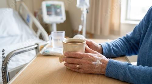 Close up of an elderly patient's hands with an IV cannula holding a steaming mug of tea on a hospital table