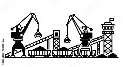 Industrial Port Scene with Cranes and Coal Wagons in Black and White.