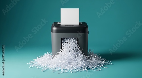 Paper shredder machine destroying white confidential documents on a teal background for office data security and professional privacy protection
