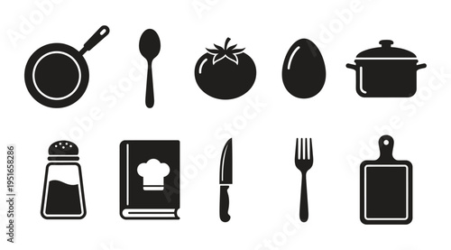 a collection of kitchen icons including cooking utensils and food items on a clean white background, ideal for use in culinary or recipe designs