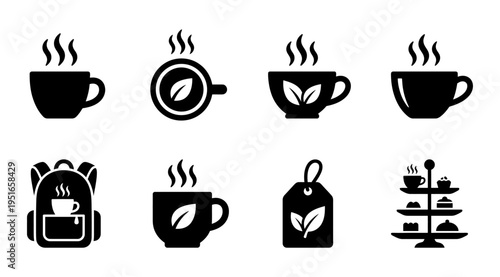 A set of black icons featuring coffee cups with steam and tea leaves, perfect for use in marketing materials, branding, and advertising for cafes, restaurants, or beverage-related businesses.