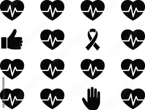 Heart icon set, simple black and white vector icons including heart ECG lines thumbs-up and awareness ribbons representing healthcare wellness and social support concepts.