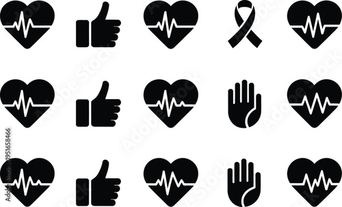 Heart icon set, collection of minimalist black and white heart symbols featuring ECG lines thumbs-up gestures and awareness ribbons for health support and charitable design.