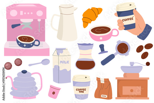 Coffee vector set with coffee machine, cups, beans and barista equipment. Collection of cafe elements for menu, packaging and coffee themed designs.