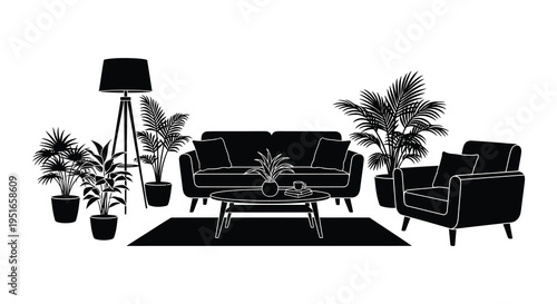 A modern living room interior is depicted with furniture and plants in a stark black silhouette high quality professional detailed elegant