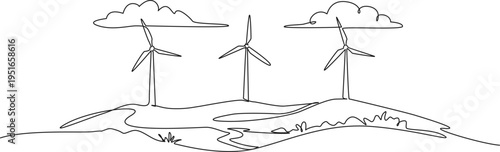 continuous line drawing of wind turbines in hilly landscape, line art vector illustration
