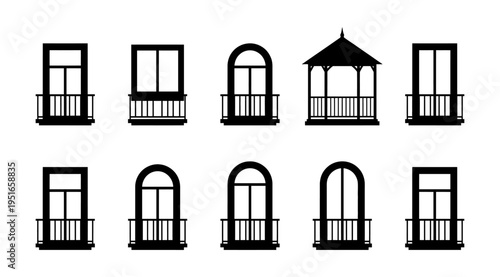 a collection of black silhouettes featuring different types of balconies and a gazebo, set against a white background, useful for architectural designs, presentations, or educational materials