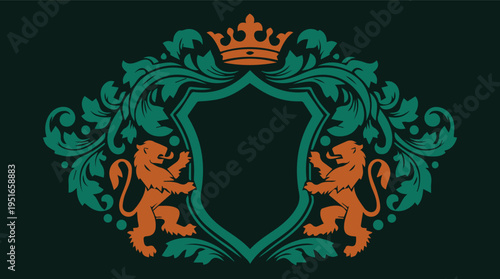 Premium heraldic crest  with elegant shields, crowns, lions, and ornamental flourishes, crafted for luxury branding, wine labels, wedding logos, certificates, badges, and high-end business.