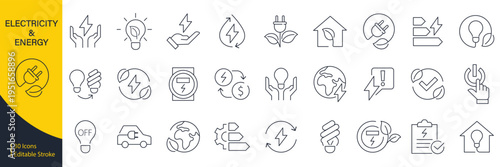 ELECTRICITY AND ENERGY Line Editable Icons set. Vector illustration in modern thin line style of electrical energy related icons electricity meter  electric cable  electrical panel  and more