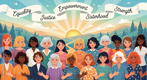 Diverse group of women standing together with empowering words above.