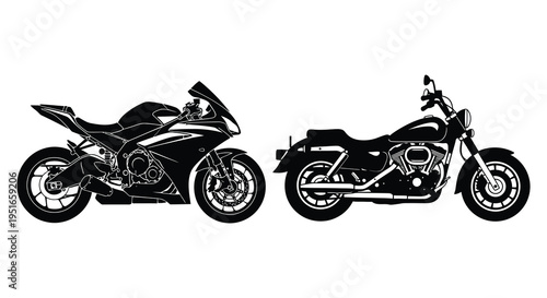 Two distinct motorcycle profiles are showcased in a striking black silhouette highlighting their unique designs high quality professional detailed modern elegant