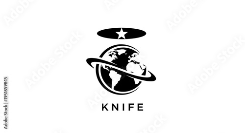 Global network emblem with orbiting star and world map icon, international travel and communication graphic concept