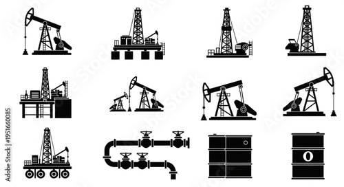 Oil Industry Icons - Pumpjacks, Rigs, Pipelines, and Barrels in Black and White.