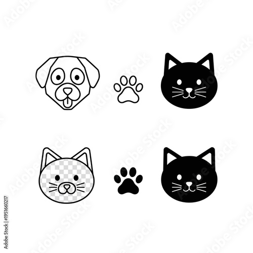 Collection of Dog and Cat Face Icons with Paw Prints.