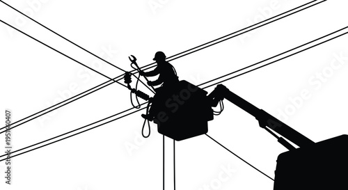 A lineman repairs electrical lines from a bucket truck showcasing a striking dark silhouette high quality professional detailed modern elegant stylish