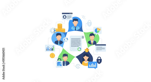 Business Team Network and Collaboration Ecosystem Illustration. People, Contract Management, Data Exchange, and Financial Workflow.