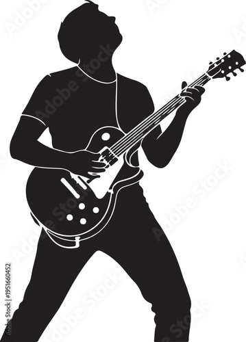 Silhouette of a man playing electric guitar isolated on transparent background