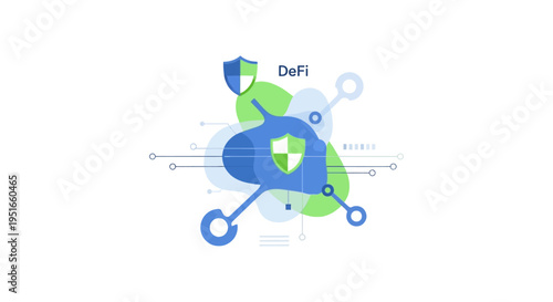 Secure Decentralized Finance (DeFi) Network Concept. Abstract illustration showing shields, blockchain technology, and decentralized digital assets.